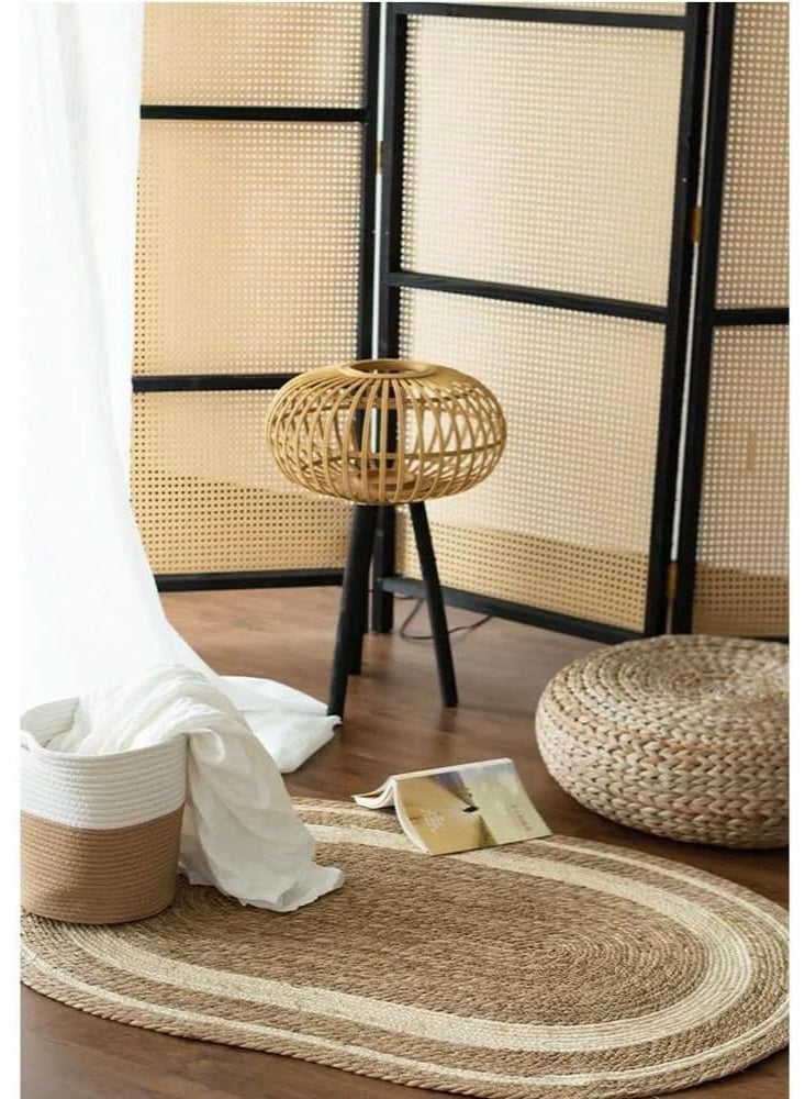 Premium Natural Jute Oval Rug – 150x90 cm, Modern White Line Design for Home & Office Spaces - Image 2