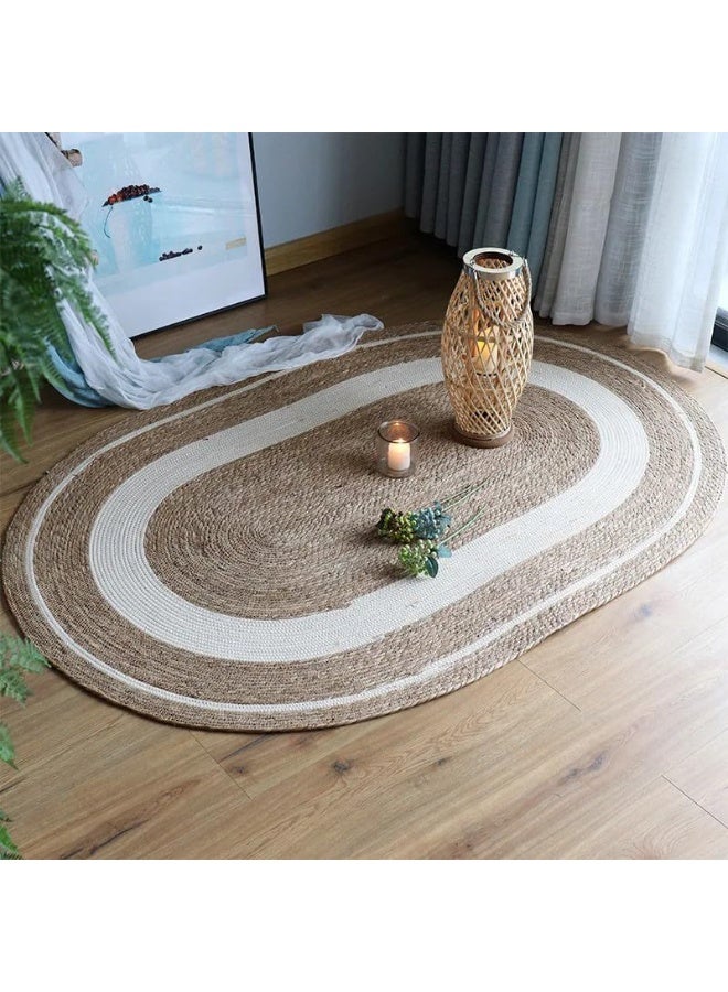 Premium Natural Jute Oval Rug – 150x90 cm, Modern White Line Design for Home & Office Spaces - Image 5
