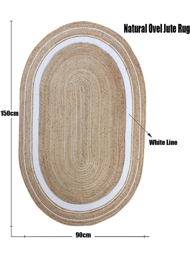 Premium Natural Jute Oval Rug – 150x90 cm, Modern White Line Design for Home & Office Spaces - Image 3