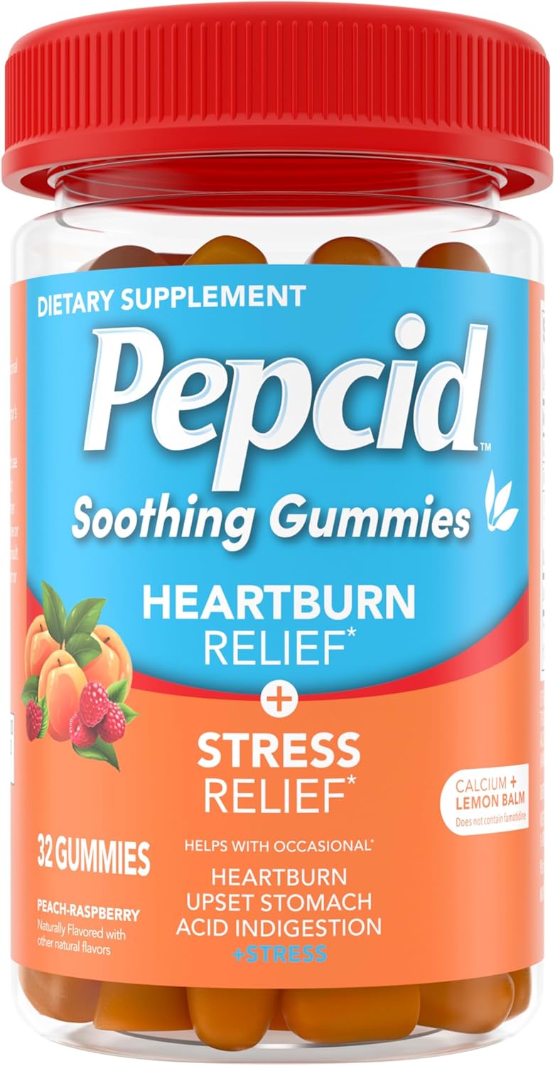 Pepcid حبوب مضادة للحموضة مهدئة من بيبزيد لتخفيف حرقة المعدة وتخفيف التوتر للحموضة العرضية واضطراب المعدة وعسر الهضم الحمضي مع مستخلص بلسم الليمون فوسفات ثلاثي الكالسيوم بنكهة الخوخ والتوت 32 حبة - Image 1