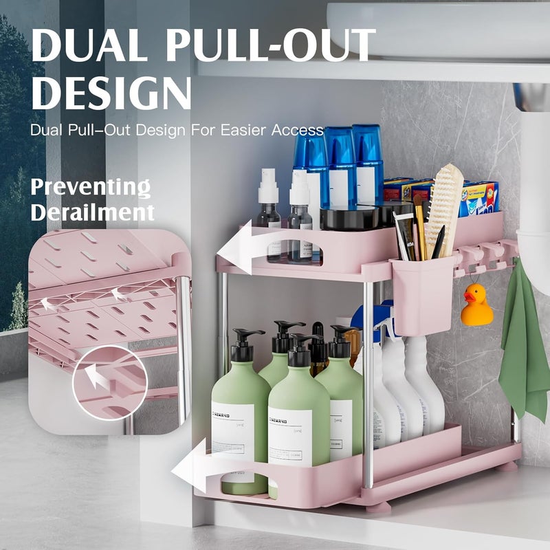 VERIFOST Under Sink Organizer, 2 Pack Kitchen and Bathroom Cabinet Organizer, 2 Tier Adjustable Height Storage, Pink - Image 3
