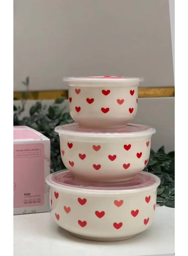 طقم علب تلاجة بورسلين بينك احجام صغيرة – تصميم قلوب بغطاء (٣ قطع) - Image 5