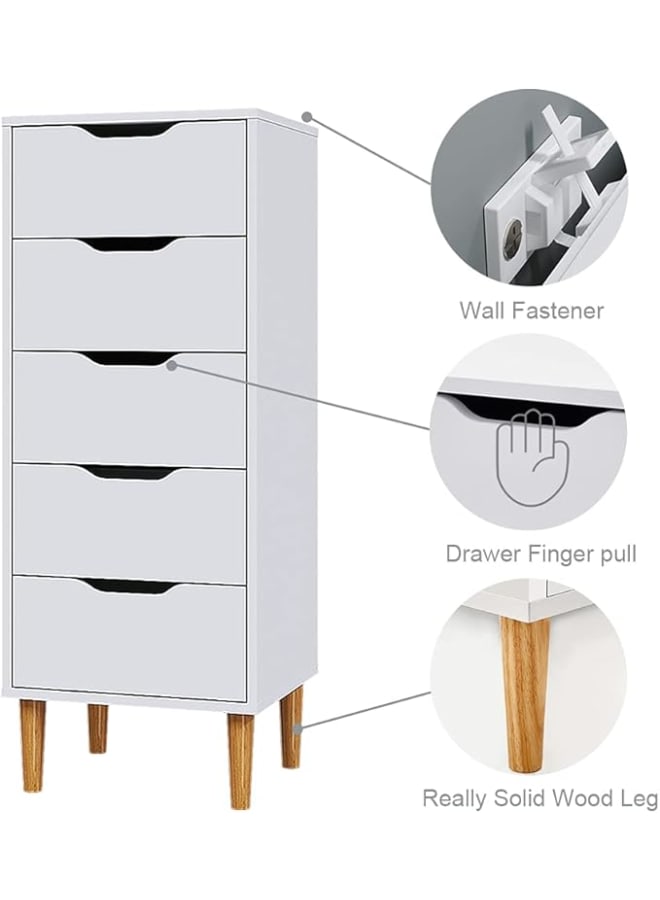 Markero Group Modern Narrow Chest of Drawers – White Wood Storage Organizer with 5 Drawers and Wooden Legs.  - Image 5