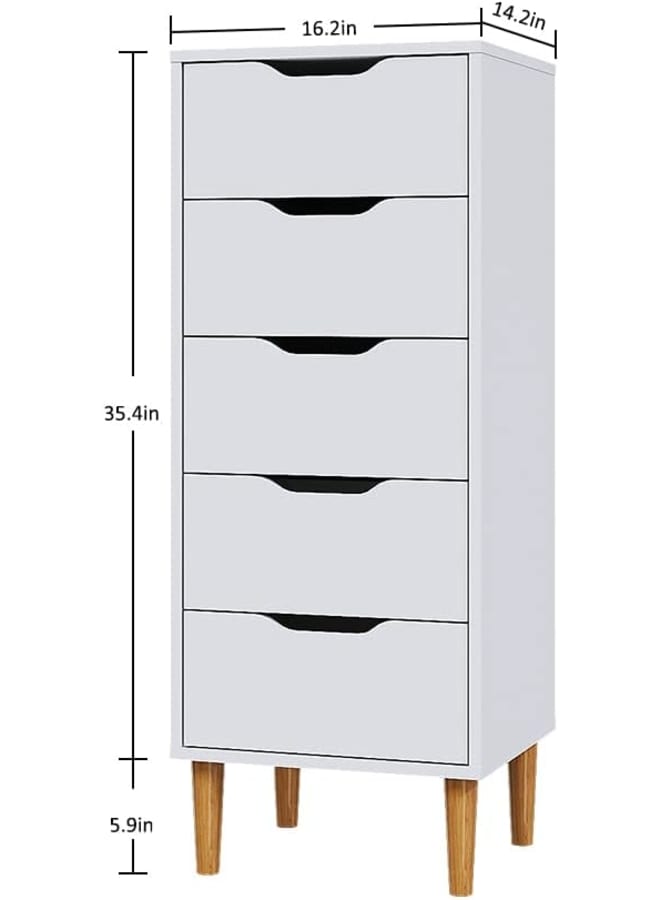 Markero Group Modern Narrow Chest of Drawers – White Wood Storage Organizer with 5 Drawers and Wooden Legs.  - Image 2