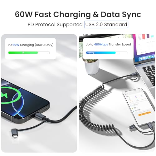 Basesailor for iPhone 17 16 Pro Max Car Charger Cord Coiled 3.3FT,4 in 1 USB C Coil 60W Multi Type C Fast Charging Cable with USB and Lightning Adapter for CarPlay,Apple 15 14 13 12,S26 S25,iPad Air 5 - Image 5