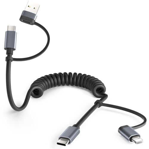 Basesailor for iPhone 17 16 Pro Max Car Charger Cord Coiled 3.3FT,4 in 1 USB C Coil 60W Multi Type C Fast Charging Cable with USB and Lightning Adapter for CarPlay,Apple 15 14 13 12,S26 S25,iPad Air 5 - Image 1