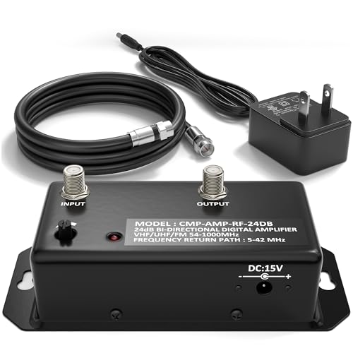 THE CIMPLE CO Antenna Amplifier Kit, Digital TV Signal Booster with Coax, Adjustable Gain, 24 dB Distribution, NTSC, ATSC, FM, UHF, VHF, 1000 MHz, Includes RG6 Coaxial Cable, Indoor Use Only - Image 1