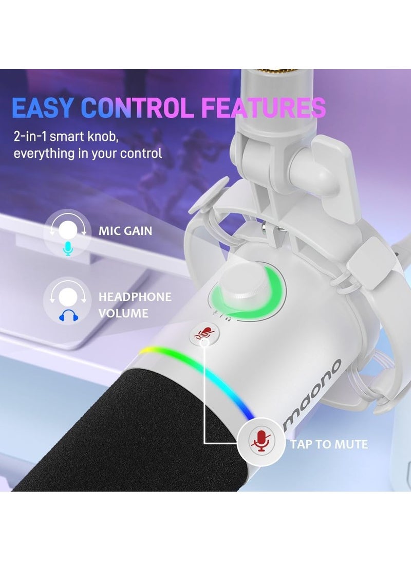 Maono Podcast Microphone XLR/USB Dynamic Microphone, RGB Gaming Mic with Software, Mute, Gain Knob, Volume Control and Headphone Jack for Streaming, Podcasting, Recording-PD200X (White)  - Image 4