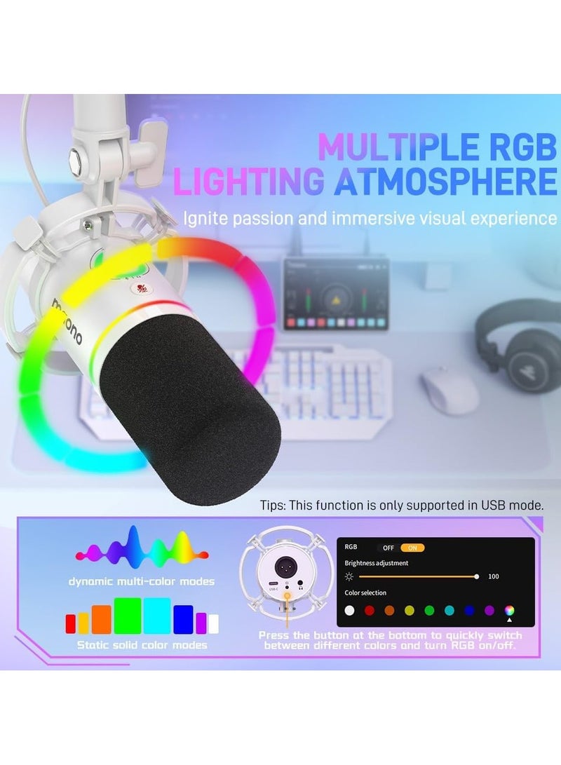 Maono Podcast Microphone XLR/USB Dynamic Microphone, RGB Gaming Mic with Software, Mute, Gain Knob, Volume Control and Headphone Jack for Streaming, Podcasting, Recording-PD200X (White)  - Image 3