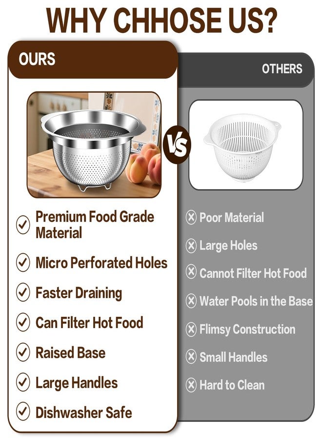 STOCKPOT Stainless Steel Colander for Kitchen, Stainless Steel Strainer, Pasta Strainer for Spaghetti Fruit Vegetable Cooking Food, 3 Pcs Strainers and Colanders(2QT, 3QT, 5QT), Dishwasher Safe, Christmas Gift - Image 5
