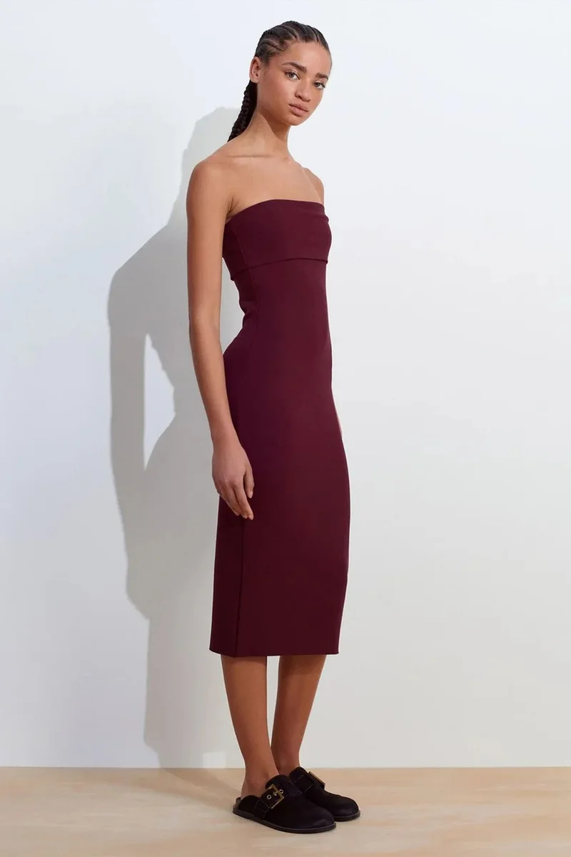 Dilvin Burgundy Red DILVIN Strapless Bodycon Midi Dress for Women | Best Price UAE