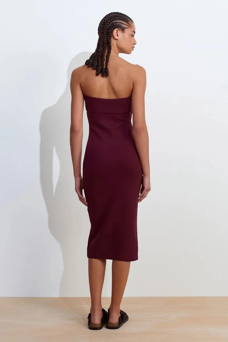 Dilvin Burgundy Red DILVIN Strapless Bodycon Midi Dress for Women | Best Price UAE