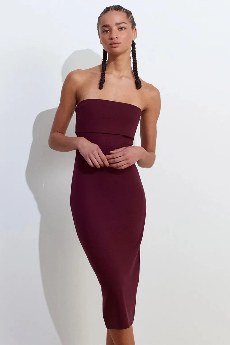 Dilvin Burgundy Red DILVIN Strapless Bodycon Midi Dress for Women | Best Price UAE