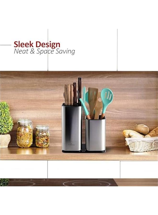 MIXDE Knife Holder and Utensil Holder - Stainless-Steel Modern Rectangular Design Universal Knife Block and Kitchen Utensils Organizer for Counter-top - Image 5