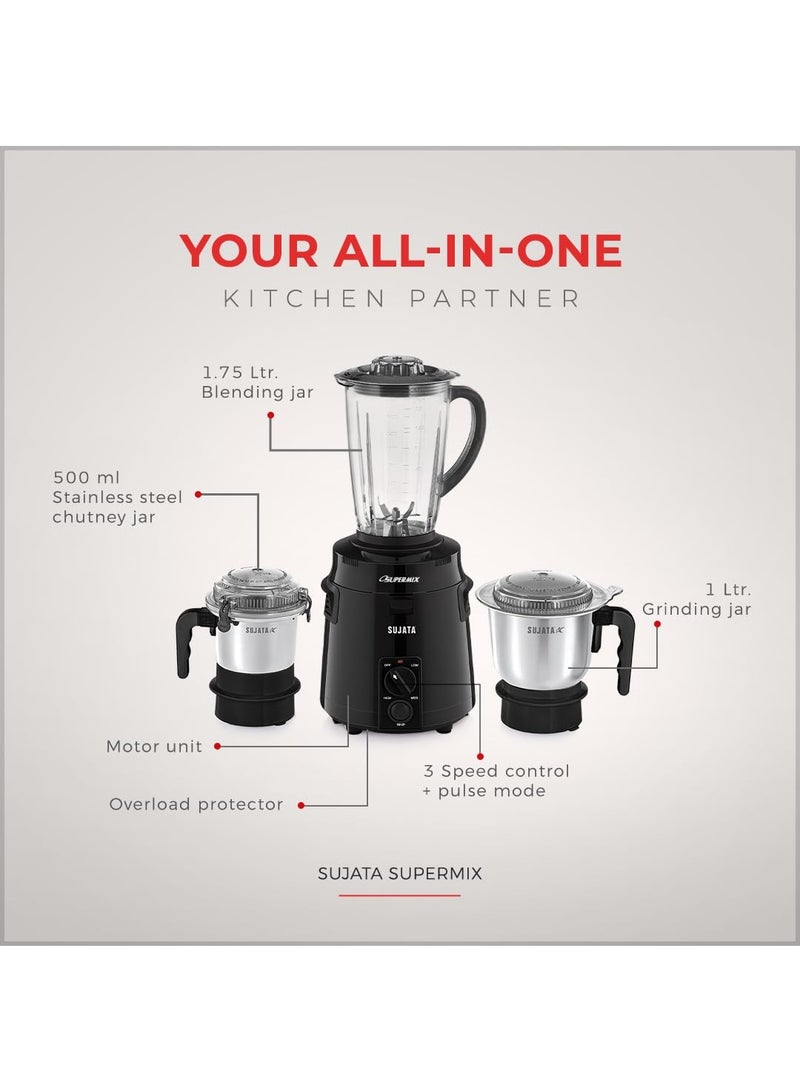 Sujata Supermix Mixer Grinder, 900W Double Ball Bearing Motor, 3 Jars, Black - Image 2