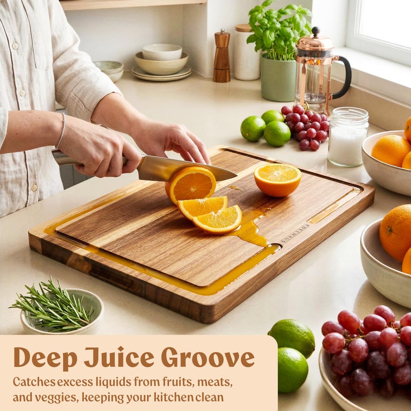 EDELHAUS Acacia Wood Cutting Board for Kitchen, Non-Toxic Cutting Board Set of 3, Chopping Boards with Deep Juice Groove for Meat, Cheese & Vegetables - Durable & Double sided with serving Compartments - Image 5