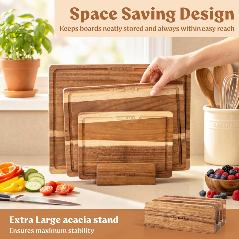 EDELHAUS Acacia Wood Cutting Board for Kitchen, Non-Toxic Cutting Board Set of 3, Chopping Boards with Deep Juice Groove for Meat, Cheese & Vegetables - Durable & Double sided with serving Compartments - Image 4