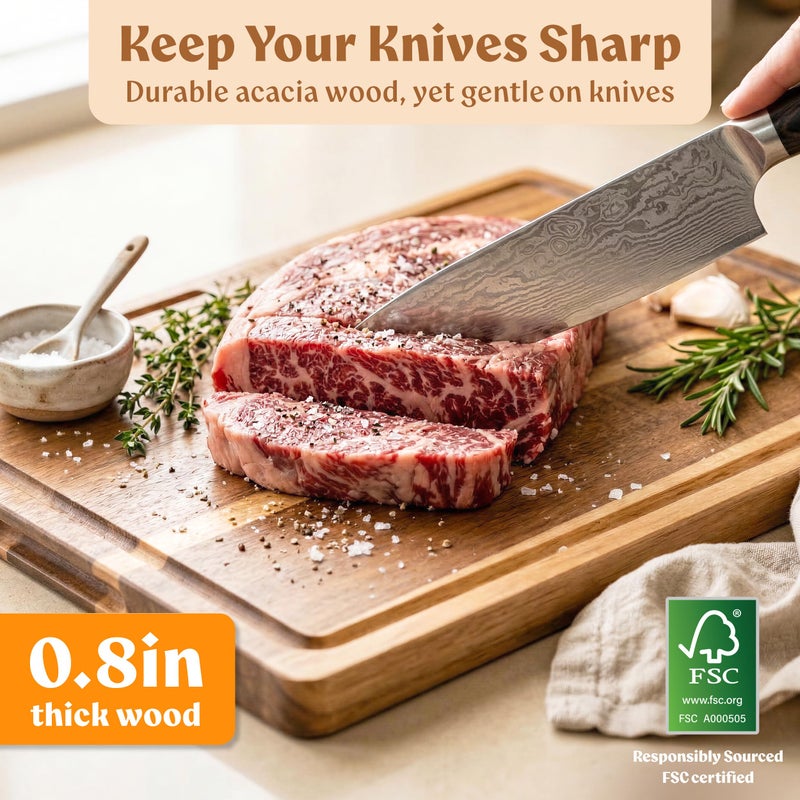 EDELHAUS Acacia Wood Cutting Board for Kitchen, Non-Toxic Cutting Board Set of 3, Chopping Boards with Deep Juice Groove for Meat, Cheese & Vegetables - Durable & Double sided with serving Compartments - Image 2