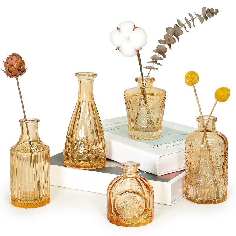 SUPMIND Glass Bud Vase Set of 5 Gold Amber Small Flower Vases for Centerpieces in Bulk Mini Vintage Vase for Rustic Wedding HomeTable Decoration