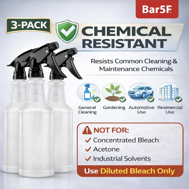 Bar5F Spray Bottles, 24oz, 3 Pack, Chemical-Resistant, BPA-Free, Compatible with Vinegar, Rubbing Alcohol, Cleaning Solutions, Non-Toxic HDPE Bottle for Plants, Pet, BBQ, Auto Detailing, Made in USA Multi-purpose fine material - Image 2
