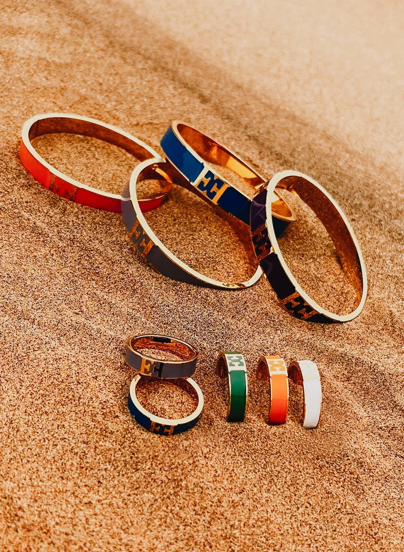 ESCADA carlett Gold Plated Bangle with Logo Cutout and Green Enamel Detail