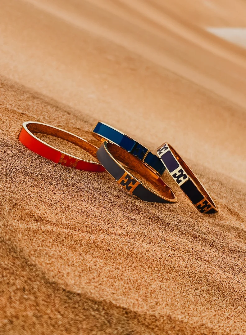 ESCADA carlett Gold Plated Bangle with Logo Cutout and Green Enamel Detail