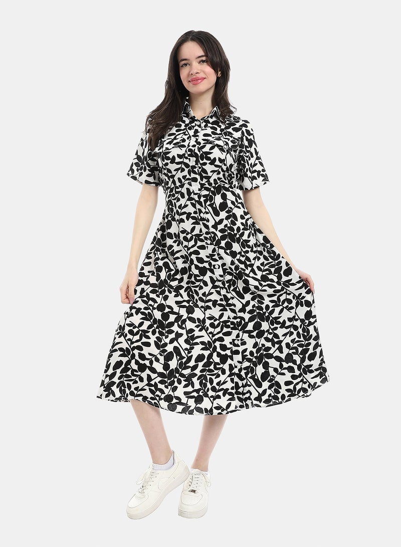 Andora Everyday Wear Short Sleeves Dress - Whit & Black - Image 1