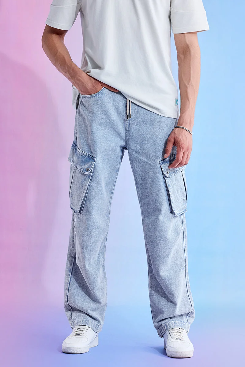 SNITCH Light Blue Solid Loose Fit Streetwear Cargo