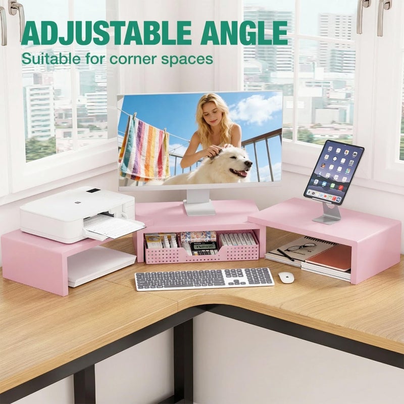 OPNICE Desk Organizers and Accessories, Dual Computer Monitor Stand Riser with Drawer, Office Decor for Women, Office Desk Accessories & Workspace Organizers, Pink - Image 5