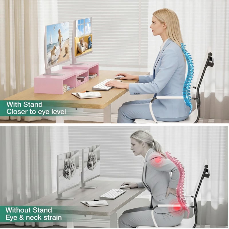 OPNICE Desk Organizers and Accessories, Dual Computer Monitor Stand Riser with Drawer, Office Decor for Women, Office Desk Accessories & Workspace Organizers, Pink - Image 2