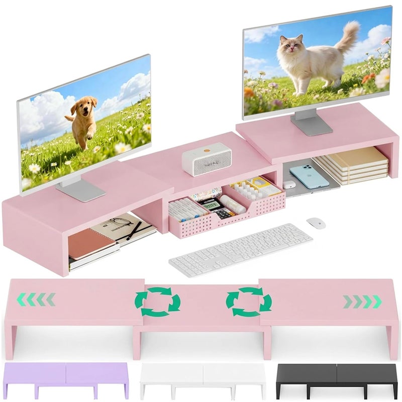 OPNICE Desk Organizers and Accessories, Dual Computer Monitor Stand Riser with Drawer, Office Decor for Women, Office Desk Accessories & Workspace Organizers, Pink - Image 1