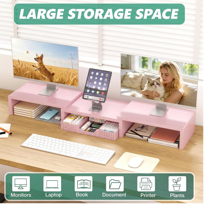 OPNICE Desk Organizers and Accessories, Dual Computer Monitor Stand Riser with Drawer, Office Decor for Women, Office Desk Accessories & Workspace Organizers, Pink - Image 3