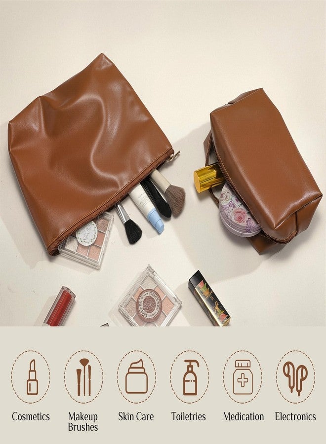 Kigeli 2 Pcs Christmas Women Gifts Makeup Bag Set PU Leather Aesthetic Cosmetic Bag Small Toiletry Travel Pouch for Purse Emergency Skincare Organizer Bridesmaid Gifts for Women(Brown) - Image 4