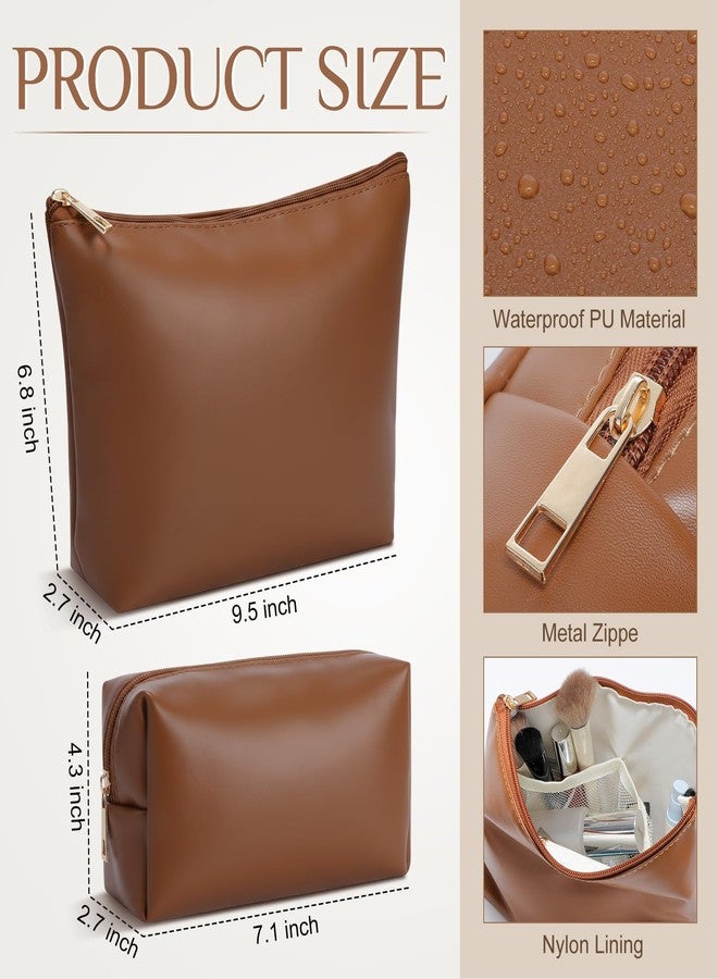 Kigeli 2 Pcs Christmas Women Gifts Makeup Bag Set PU Leather Aesthetic Cosmetic Bag Small Toiletry Travel Pouch for Purse Emergency Skincare Organizer Bridesmaid Gifts for Women(Brown) - Image 2