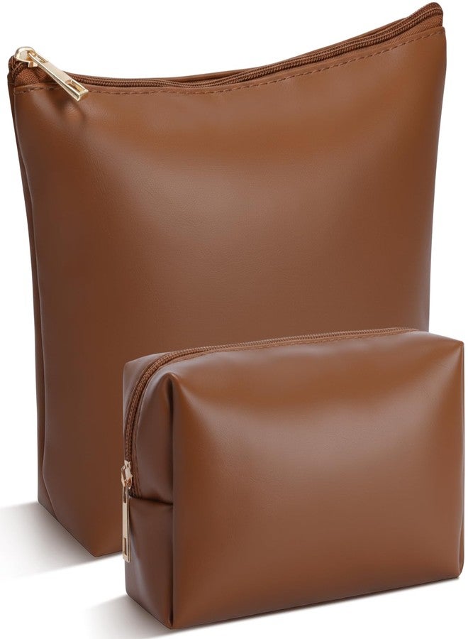 Kigeli 2 Pcs Christmas Women Gifts Makeup Bag Set PU Leather Aesthetic Cosmetic Bag Small Toiletry Travel Pouch for Purse Emergency Skincare Organizer Bridesmaid Gifts for Women(Brown) - Image 1