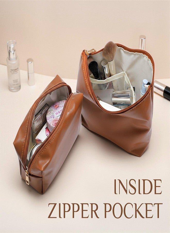 Kigeli 2 Pcs Christmas Women Gifts Makeup Bag Set PU Leather Aesthetic Cosmetic Bag Small Toiletry Travel Pouch for Purse Emergency Skincare Organizer Bridesmaid Gifts for Women(Brown) - Image 3