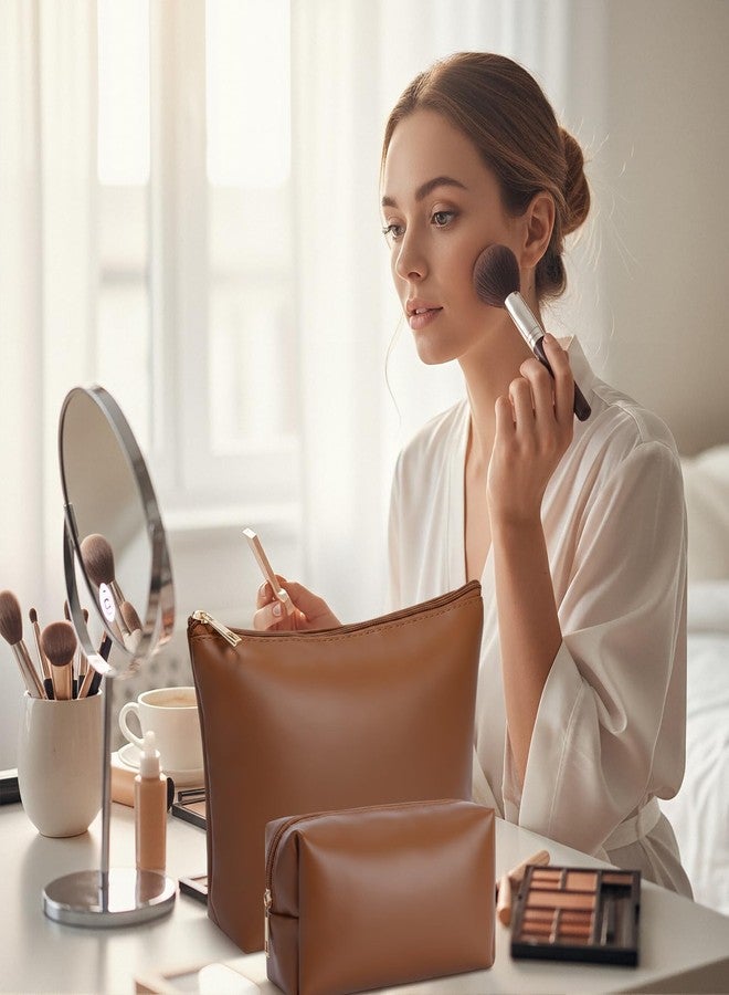 Kigeli 2 Pcs Christmas Women Gifts Makeup Bag Set PU Leather Aesthetic Cosmetic Bag Small Toiletry Travel Pouch for Purse Emergency Skincare Organizer Bridesmaid Gifts for Women(Brown) - Image 5