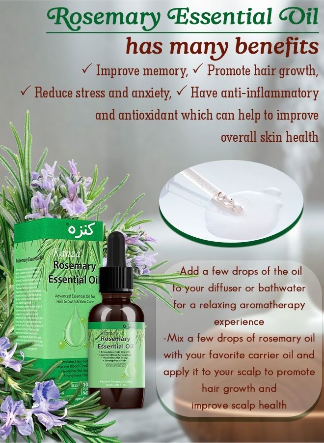 Kanza Rosemary Essential Oil 60 ML,Scalp and Hair Strengthening Oil,Pure Organic Rosemary Oil for Dry Damaged Hair Growth Oil Hair,Scalp Oil,Pure and Natural Premium Quality Hair Oil for Men and Women - Image 5