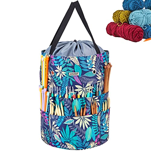 HOMEST Large Crochet Bag with Customized Front Compartment for Knitting Accessories Yarn Storage with 6 Oversized Grommets Tote Organizer with Drawstring Closure Floral - Image 1