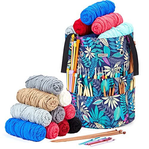 HOMEST Large Crochet Bag with Customized Front Compartment for Knitting Accessories Yarn Storage with 6 Oversized Grommets Tote Organizer with Drawstring Closure Floral - Image 3