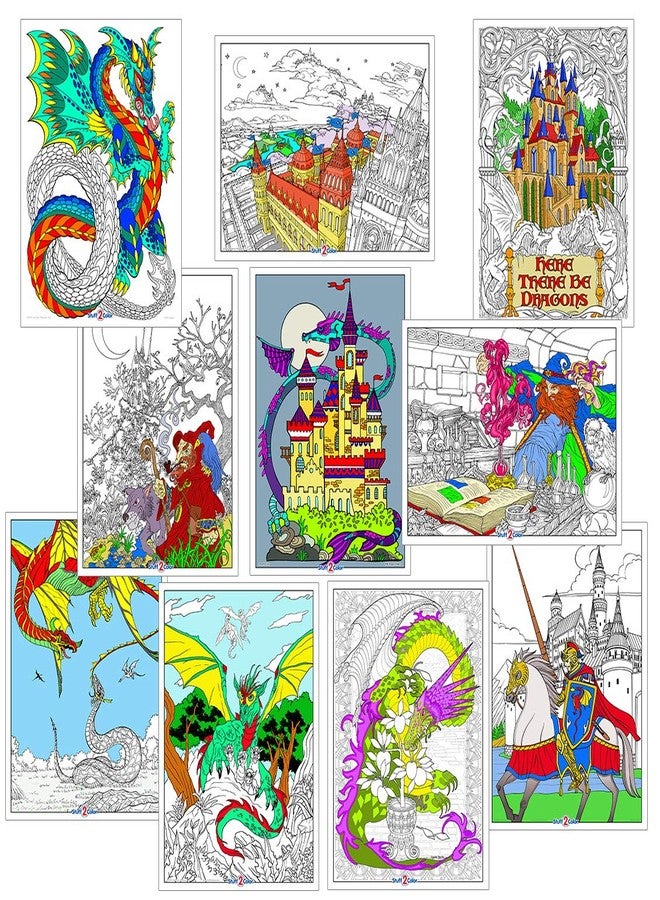 Dragons, Castles, and Fantasy - Coloring Poster 10 Poster Pack - Line Art Coloring Bundle (Beautiful Art Printed on Heavy Cardstock - Excellent Coloring Project for Groups and Individuals)