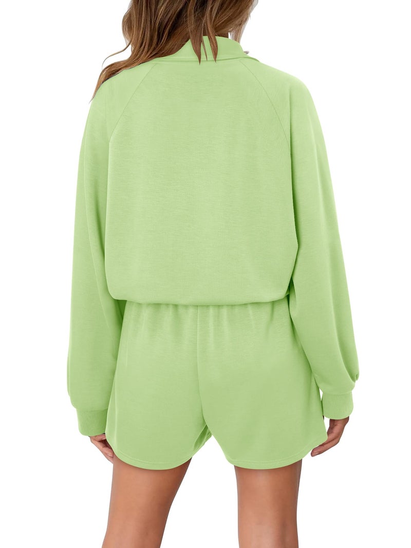 KISSMODA 2 Piece Sets for Women Sweatsuit Half Zip Sweatshirts Casual Tracksuits Long Sleeve Pullover Tops and Shorts 2025 Lounge Outfits Mint Green Large - Image 2