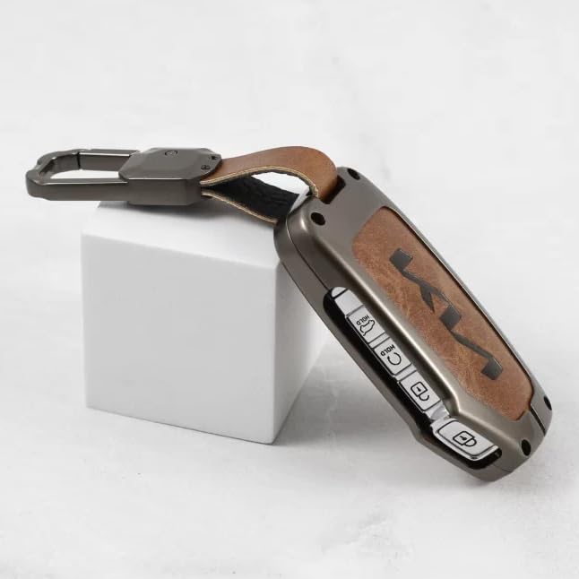 Carloginn Metal Leather Car Key Cover Fit for New Kia Seltos 2023 Facelift | Carens X Line | Sonet Facelift - 4 Button Smart Key (TAN), Brown - Image 1