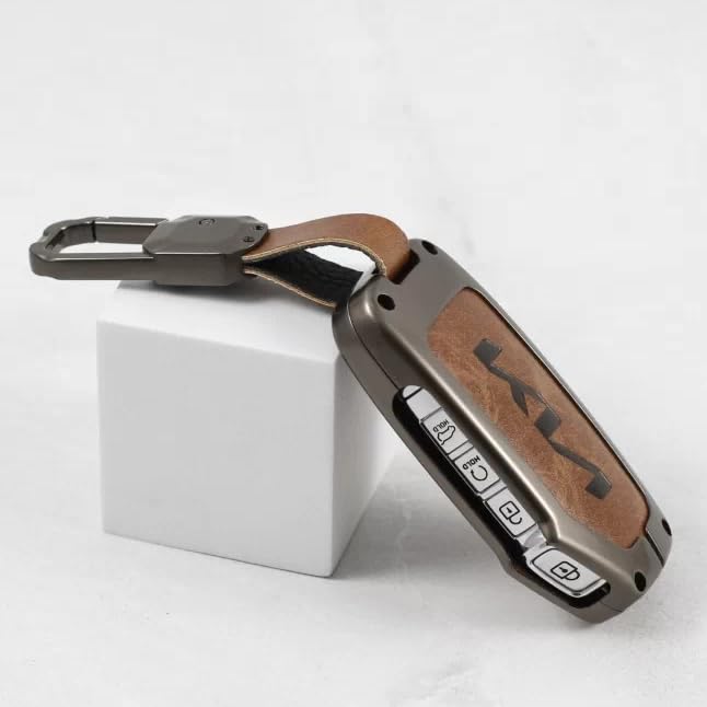 Carloginn Metal Leather Car Key Cover Fit for New Kia Seltos 2023 Facelift | Carens X Line | Sonet Facelift - 4 Button Smart Key (TAN), Brown - Image 4