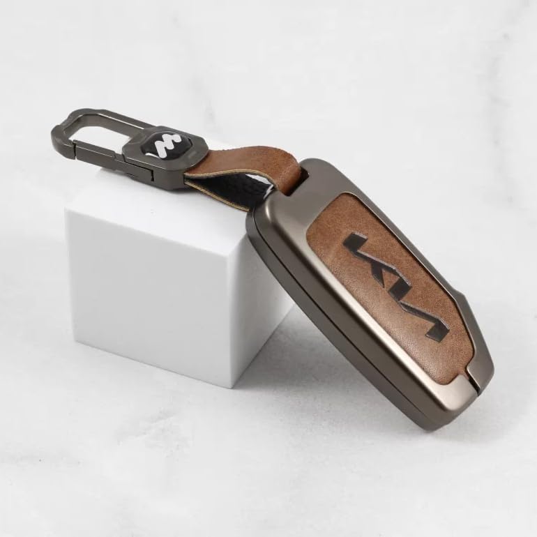 Carloginn Metal Leather Car Key Cover Fit for New Kia Seltos 2023 Facelift | Carens X Line | Sonet Facelift - 4 Button Smart Key (TAN), Brown - Image 3