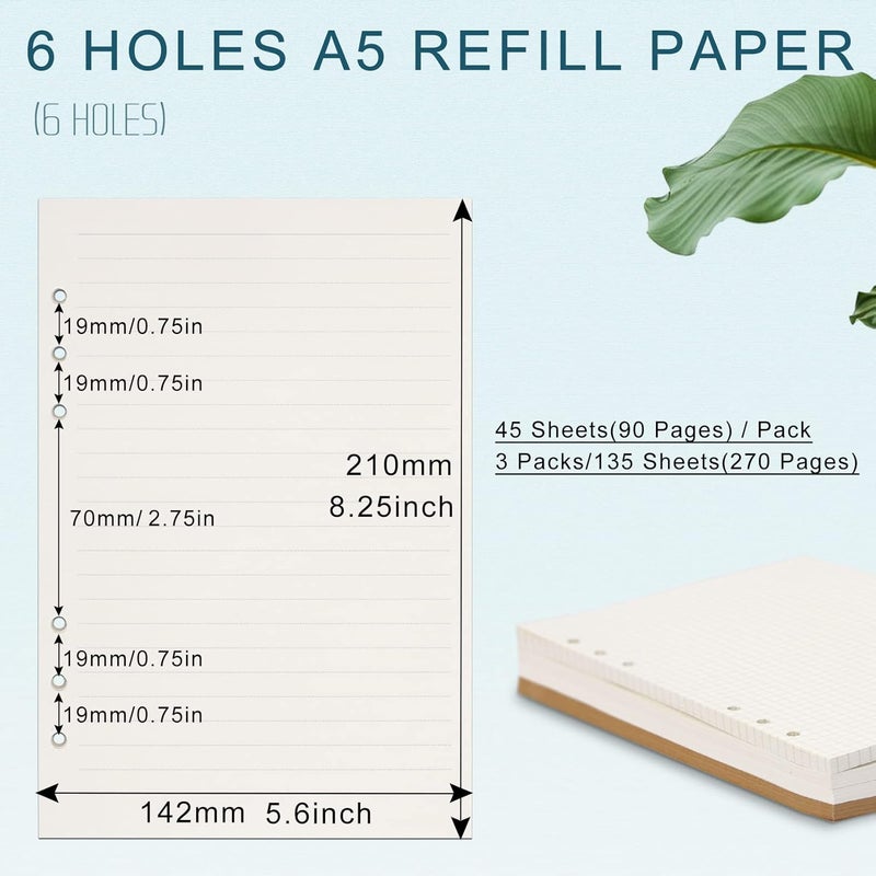 Toplive A5 Refill Paper, [3 Pack] 100GSM Thick Refillable 6 Hole Filler Inserts - 135 Sheets (270 Pages) for 6 Ring Binder Journal Notebook, Lined - Image 2