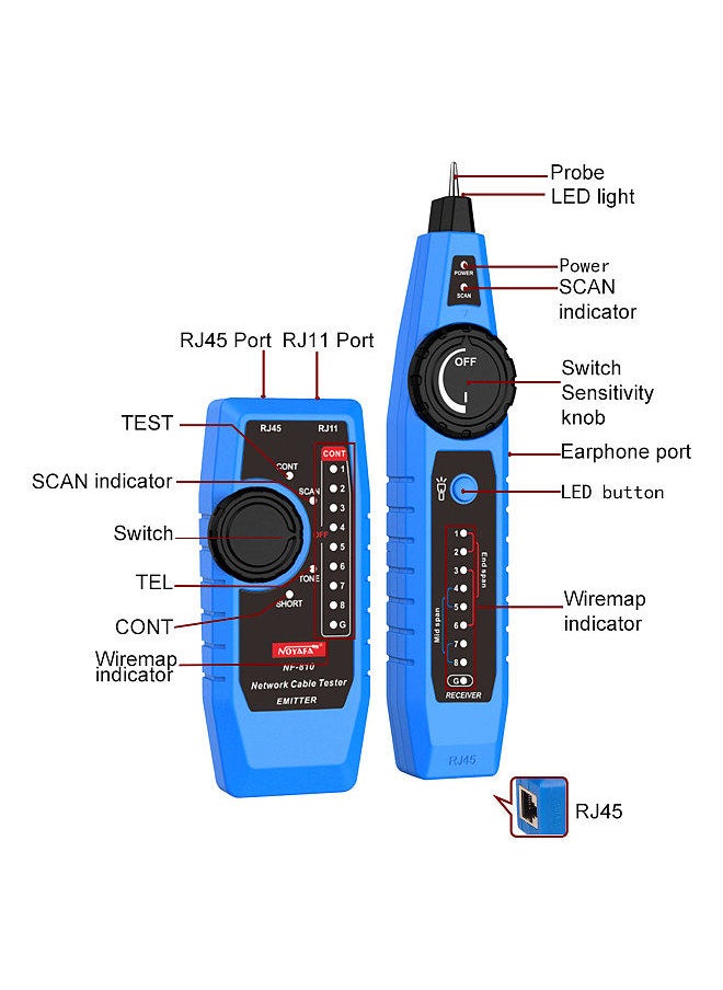 NOYAFA - NOYAFA NF-810 Network Cable Tester Kit for RJ11 RJ45 CAT5 CAT6 LAN Cable Multi Function Wire Tracker Wiremap PoE TEL Testing Line Finder with LED Light Earphone Tool Bag - Image 1