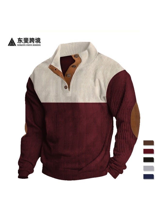 Plus Size Autumn And Winter Men's Casual Color Block Lapel Sports Sweatshirt Corduroy Stand Collar Top - Image 2