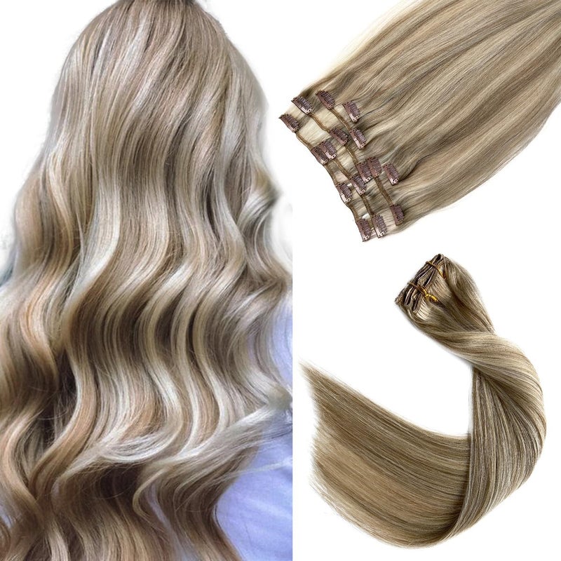 Clip in Hair Extensions Real Human Hair Ash Blonde Highlighted Blonde Remy Human Hair Clip in Extensions 18inch 7pcs 70G Double Weft Real Hair Extensions Clip in Human Hair for Fine Hair Women