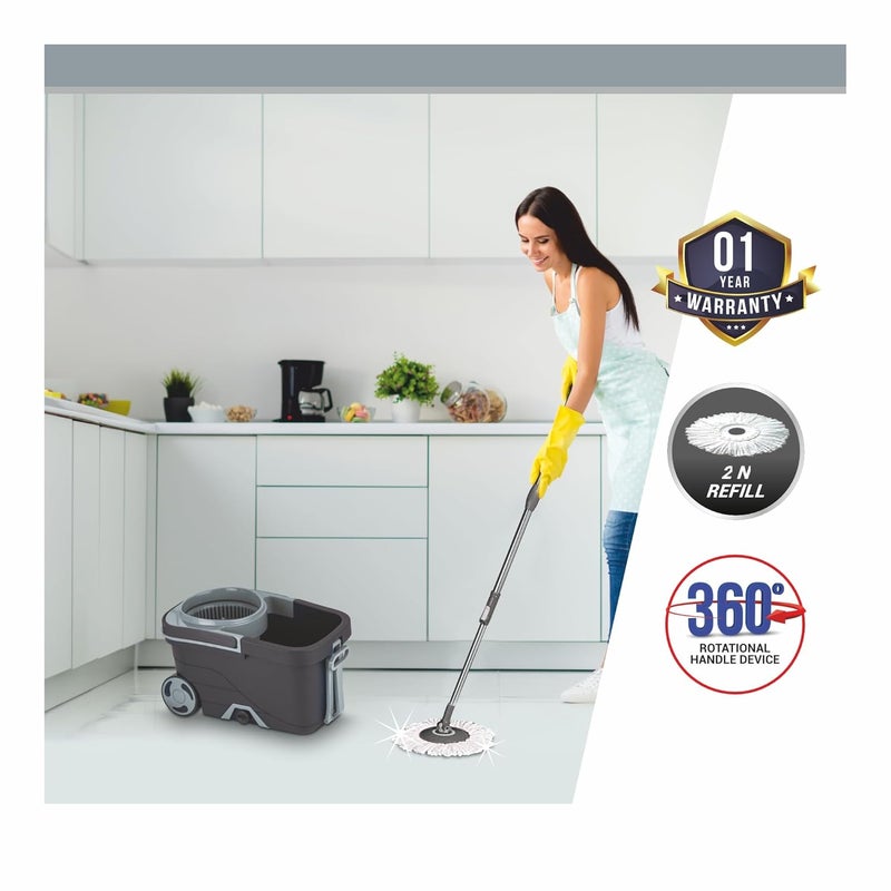 Flair Flair Insta Spin Mop Bucket (15L) - 360° Cleaning, Extra Large Wheels, Includes 2 Microfiber Refills - Gray - Image 2